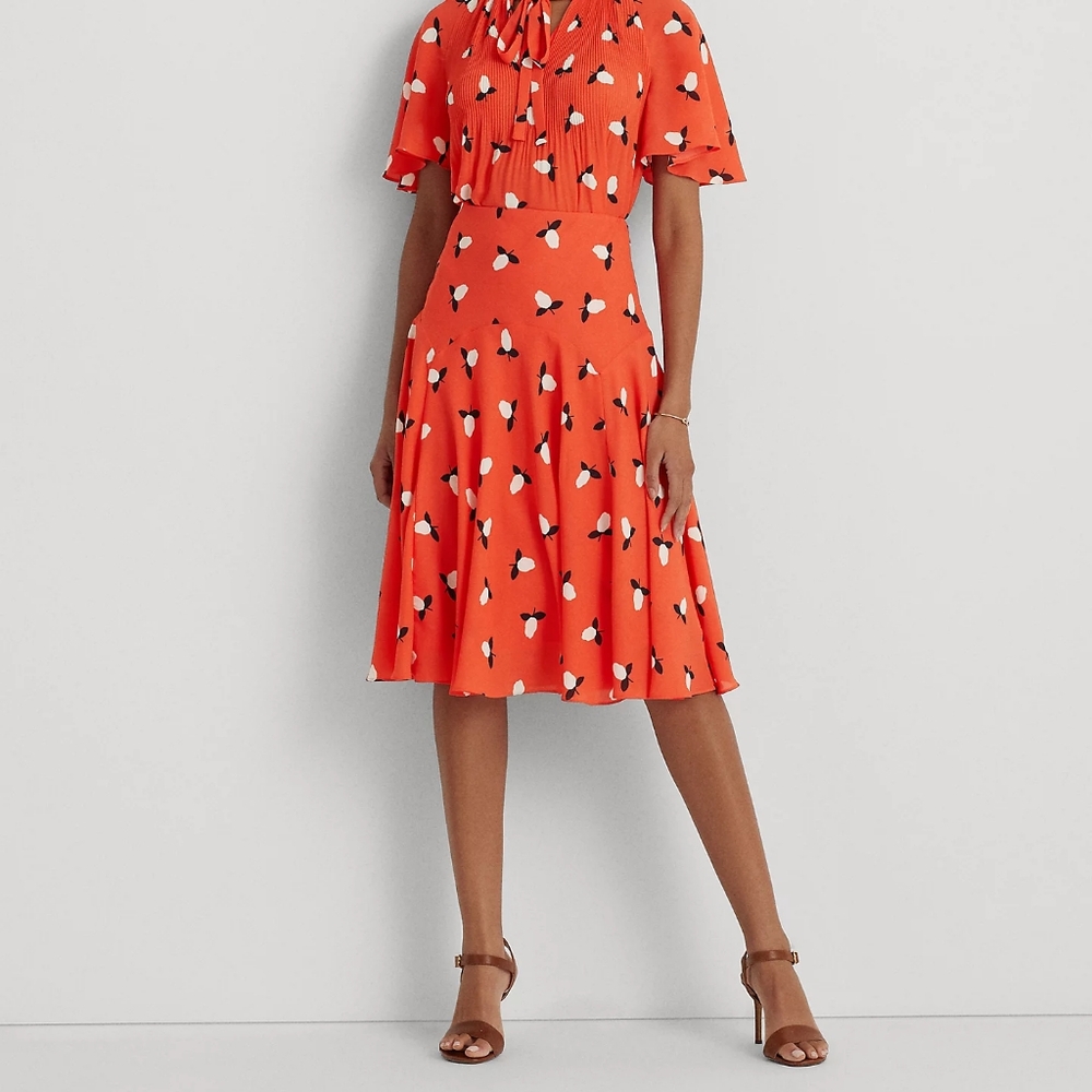 NWT Lauren Ralph Lauren Light Red Poppy Floral Georgette A-Line Midi Skirt 2 - Picture 4 of 8